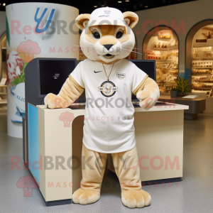 Cream Puma mascot costume character dressed with a Pleated Skirt and Hats