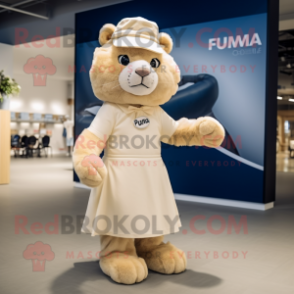 Cream Puma mascot costume character dressed with a Pleated Skirt and Hats