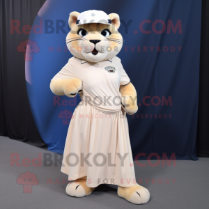 Cream Puma mascot costume character dressed with a Pleated Skirt and Hats