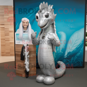 Silver Seahorse mascot costume character dressed with a Sheath Dress and Beanies