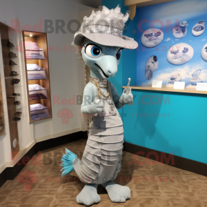 Silver Seahorse mascot costume character dressed with a Sheath Dress and Beanies