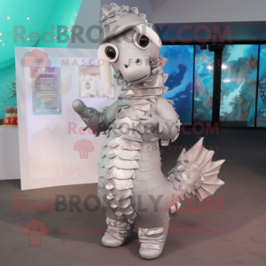 Silver Seahorse mascot costume character dressed with a Sheath Dress and Beanies