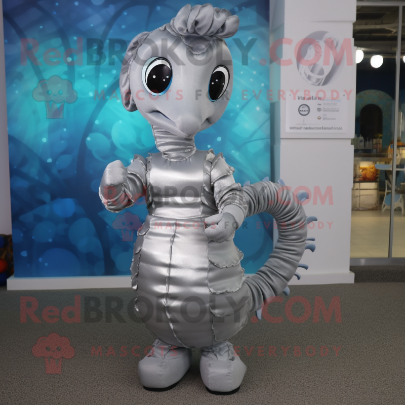 Silver Seahorse mascot costume character dressed with a Sheath Dress and Beanies