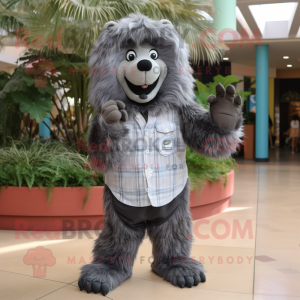 Gray Sloth Bear mascot costume character dressed with a Button-Up Shirt and Shoe clips