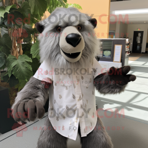 Gray Sloth Bear mascot costume character dressed with a Button-Up Shirt and Shoe clips