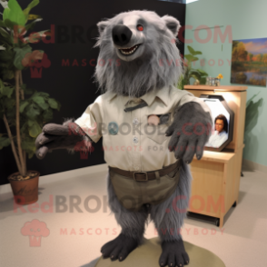 Gray Sloth Bear mascot costume character dressed with a Button-Up Shirt and Shoe clips