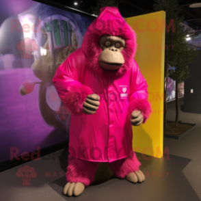 Magenta Gorilla mascot costume character dressed with a Raincoat and Headbands