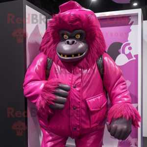Magenta Gorilla mascot costume character dressed with a Raincoat and Headbands