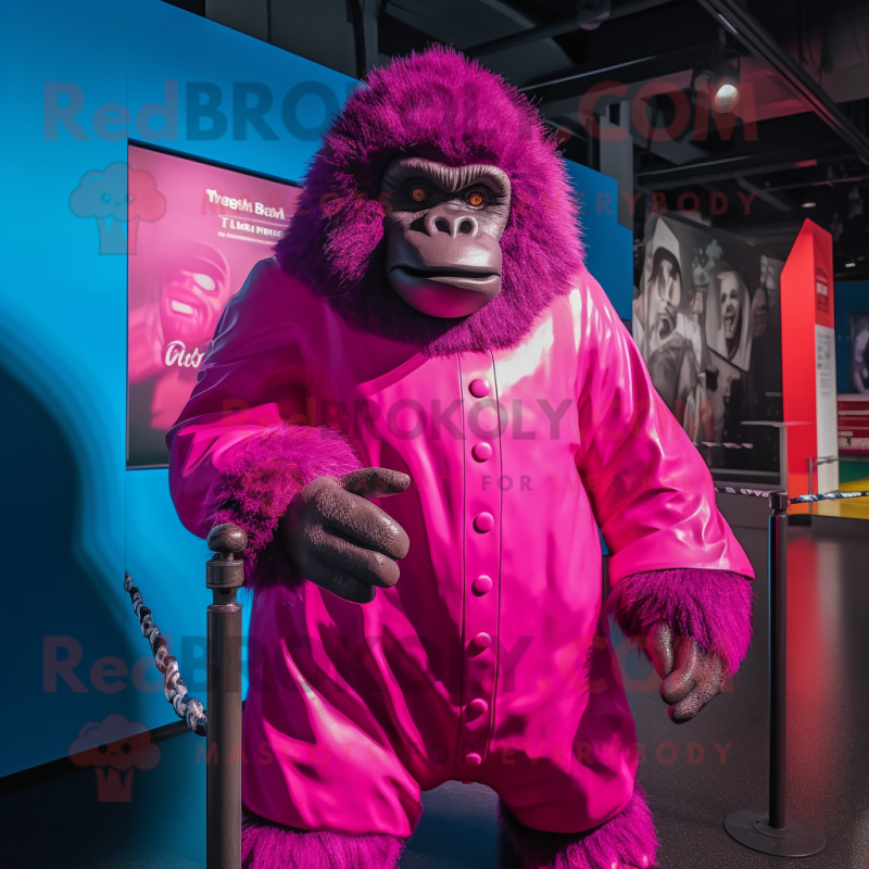 Magenta Gorilla mascot costume character dressed with a Raincoat and Headbands