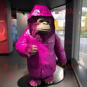 Magenta Gorilla mascot costume character dressed with a Raincoat and Headbands