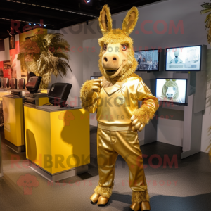 Gold Donkey mascot costume character dressed with a Bermuda Shorts and Hairpins