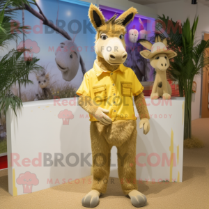 Gold Donkey mascot costume character dressed with a Bermuda Shorts and Hairpins