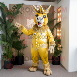 Gold Donkey mascot costume character dressed with a Bermuda Shorts and Hairpins
