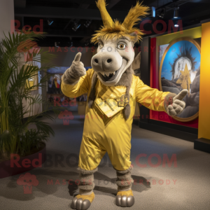 Gold Donkey mascot costume character dressed with a Bermuda Shorts and Hairpins