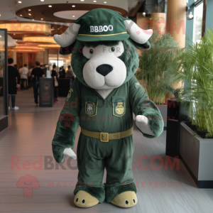 Forest Green Bison mascot costume character dressed with a Jumpsuit and Berets