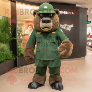 Forest Green Bison mascot costume character dressed with a Jumpsuit and Berets