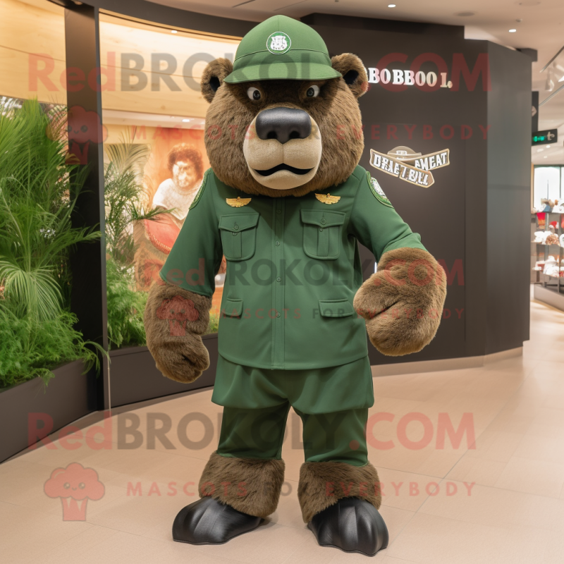 Forest Green Bison mascot costume character dressed with a Jumpsuit and Berets Forest Green Bison mascot costume character dressed with a Jumpsuit and Berets