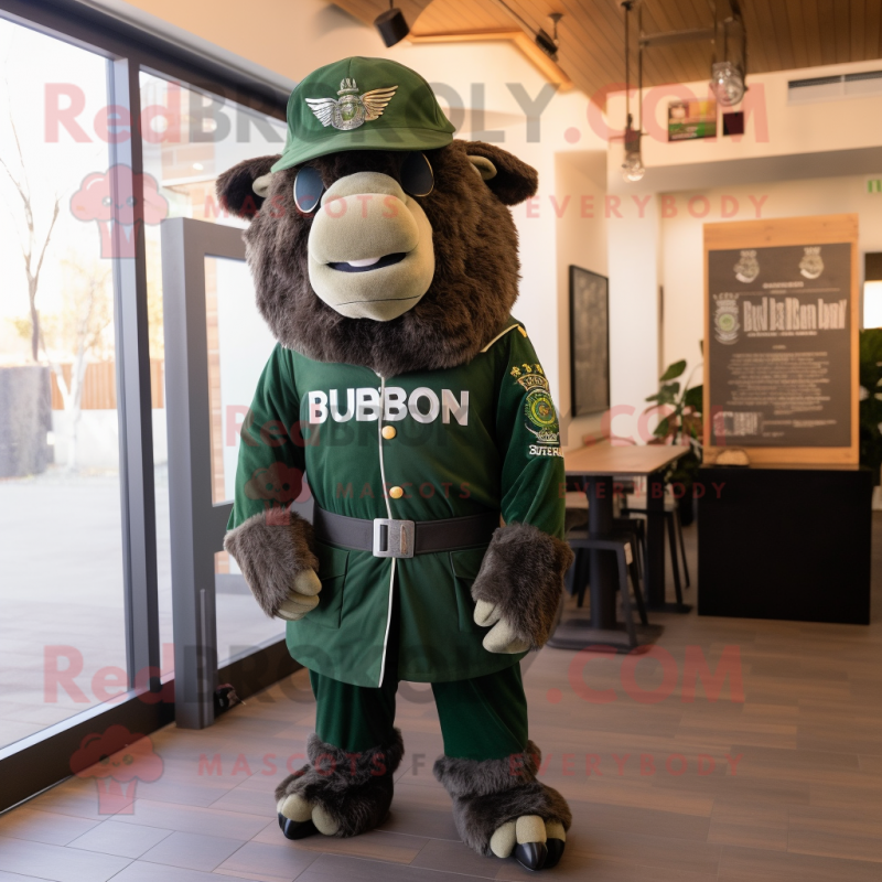 Forest Green Bison mascot costume character dressed with a Jumpsuit and Berets