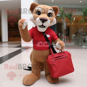 Red Mountain Lion mascot costume character dressed with a Pencil Skirt and Tote bags