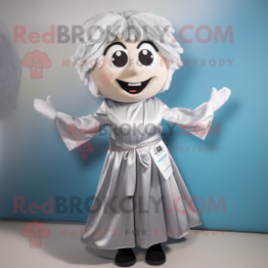 Silver Momentum mascot costume character dressed with a Dress and Ties