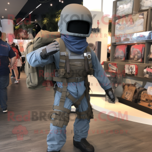 Gray Gi Joe mascot costume character dressed with a Dungarees and Backpacks