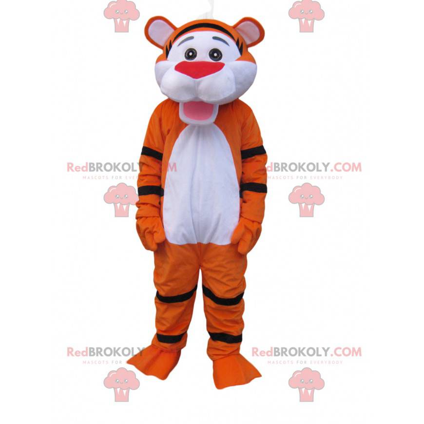 Mascotte tigre arancione fluorescente molto felice -