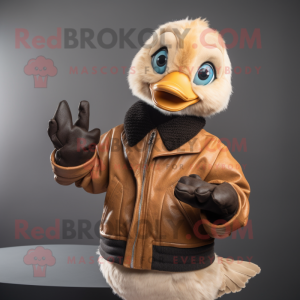 Tan Gosling mascot costume character dressed with a Leather Jacket and Mittens