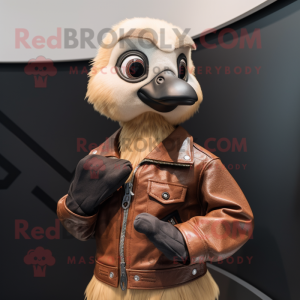 Tan Gosling mascot costume character dressed with a Leather Jacket and Mittens