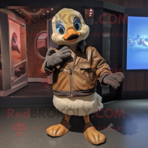 Tan Gosling mascot costume character dressed with a Leather Jacket and Mittens