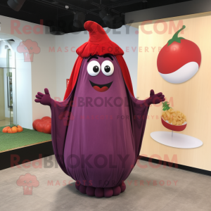 Red Eggplant mascot costume character dressed with a A-Line Skirt and Shawls