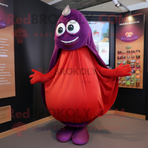 Red Eggplant mascot costume character dressed with a A-Line Skirt and Shawls