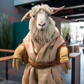 Tan Angora Goat mascot costume character dressed with a Bodysuit and Shawls