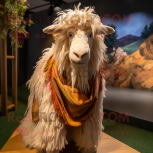 Tan Angora Goat mascot costume character dressed with a Bodysuit and Shawls