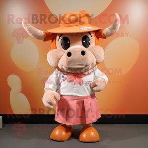 Peach Bull mascot costume character dressed with a Blouse and Caps