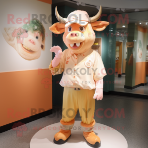 Peach Bull mascot costume character dressed with a Blouse and Caps