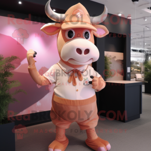 Peach Bull mascot costume character dressed with a Blouse and Caps