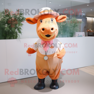 Peach Bull mascot costume character dressed with a Blouse and Caps