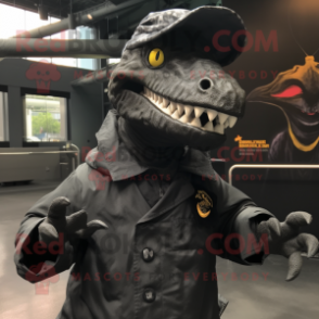 Black Tyrannosaurus mascot costume character dressed with a Parka and Hat pins