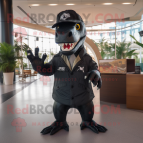 Black Tyrannosaurus mascot costume character dressed with a Parka and Hat pins