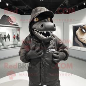 Black Tyrannosaurus mascot costume character dressed with a Parka and Hat pins