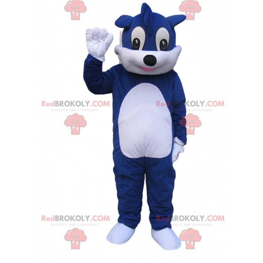 Mascote cachorro azul e branco com um puff engraçado -