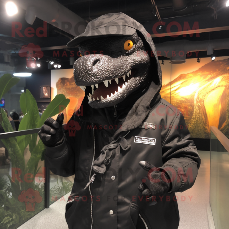 Black Tyrannosaurus mascot costume character dressed with a Parka and Hat pins Black Tyrannosaurus mascot costume character dressed with a Parka and Hat pins