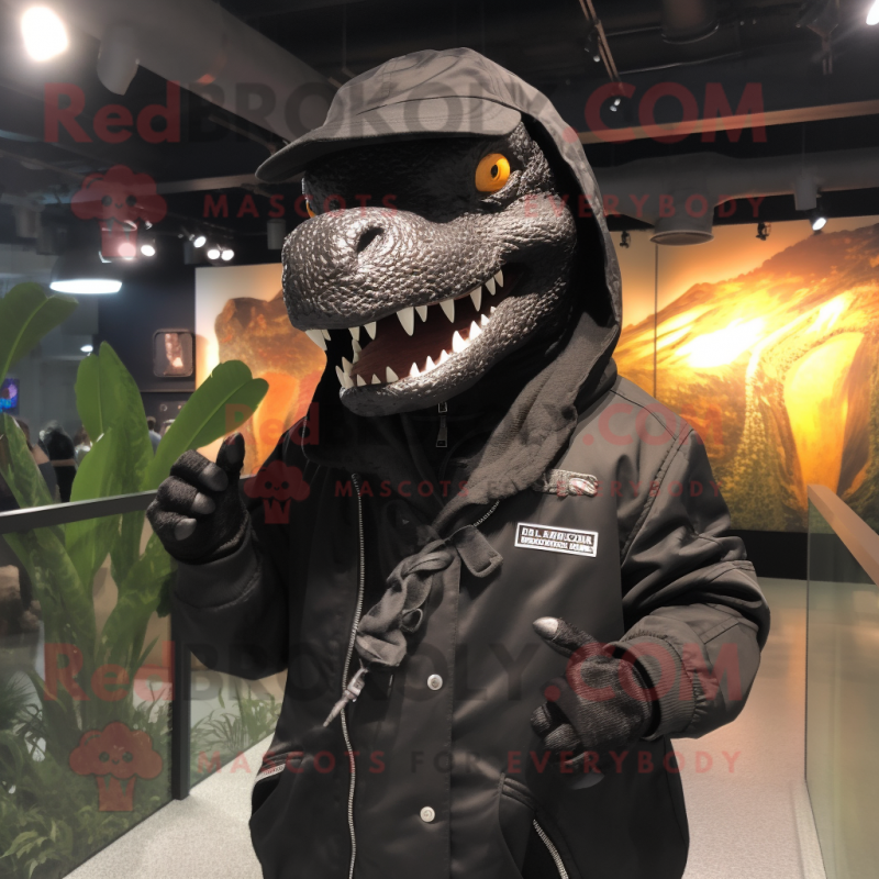 Black Tyrannosaurus mascot costume character dressed with a Parka and Hat pins