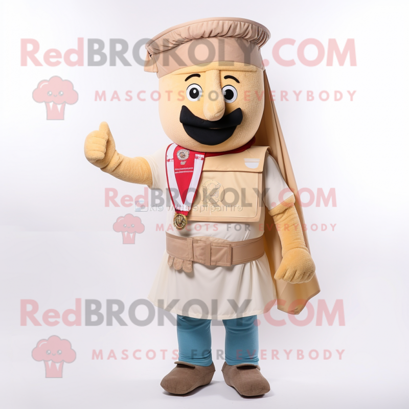 Beige Roman Soldier mascot costume character dressed with a Jeans and Scarf clips