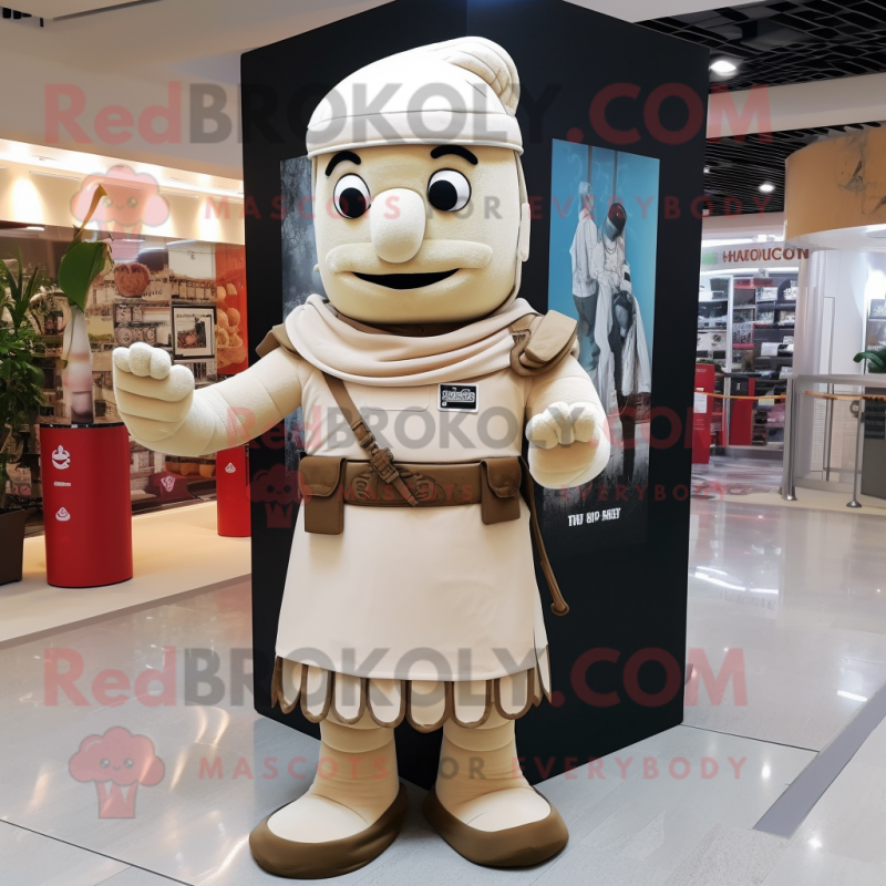 Beige Roman Soldier mascot costume character dressed with a Jeans and Scarf clips Beige Roman Soldier mascot costume character dressed with a Jeans and Scarf clips
