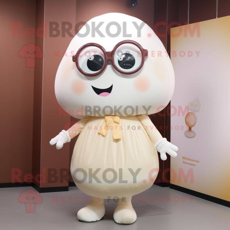 Cream Meatballs mascot costume character dressed with a A-Line Dress and Eyeglasses Cream Meatballs mascot costume character dressed with a A-Line Dress and Eyeglasses