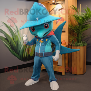 Turquoise Swordfish mascot costume character dressed with a Flare Jeans and Brooches