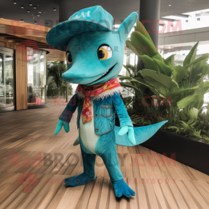 Turquoise Swordfish mascot costume character dressed with a Flare Jeans and Brooches