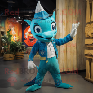 Turquoise Swordfish mascot costume character dressed with a Flare Jeans and Brooches