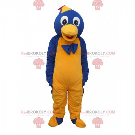 Blauw en geel pinguin mascotte met een pet en een strik -